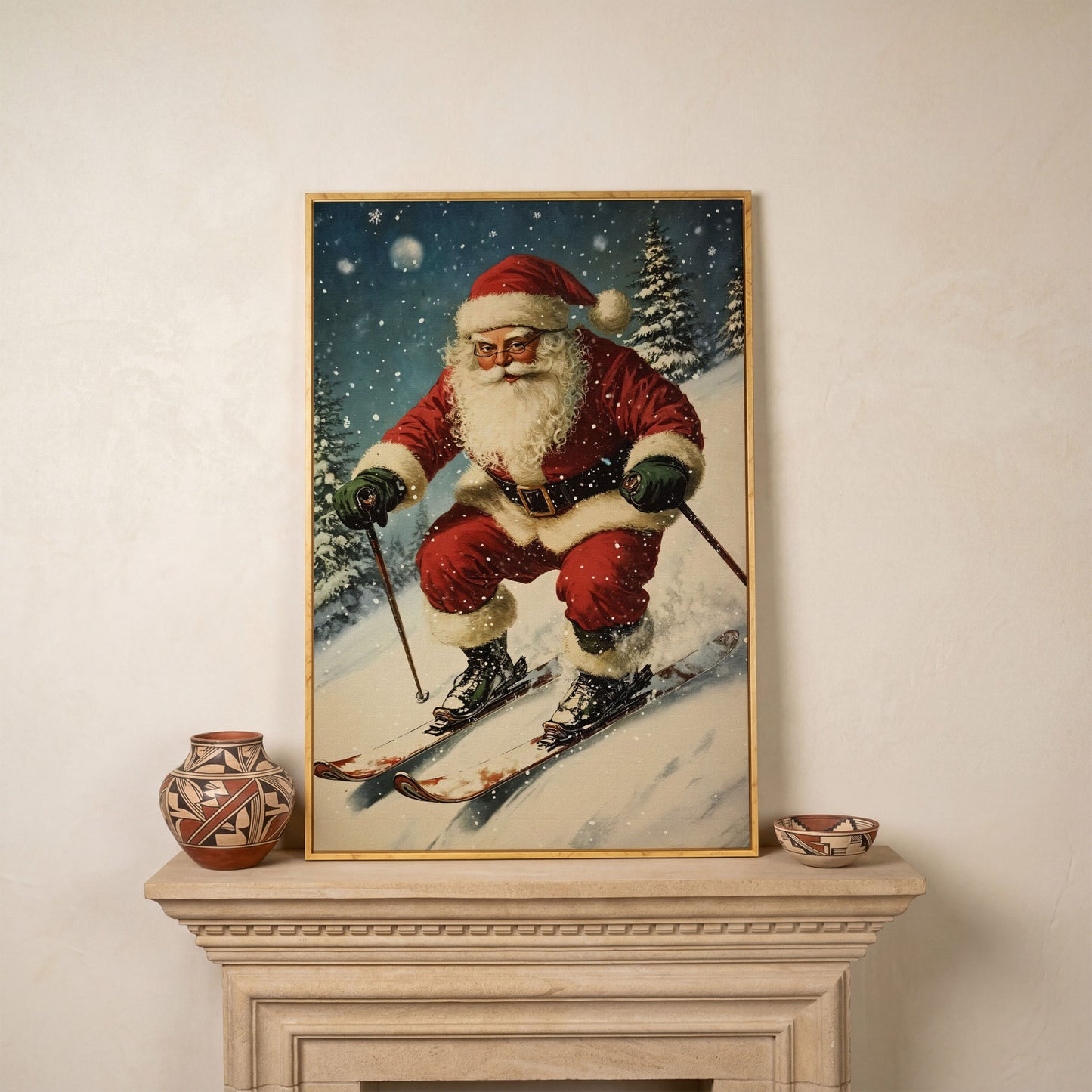 Santa Skiing Canvas Wall Art - Retro Holiday Print in white oak floating frame