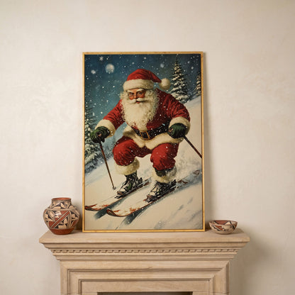 Santa Skiing Canvas Wall Art - Retro Holiday Print in white oak floating frame