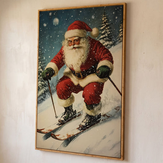 Santa Skiing Canvas Wall Art - Retro Holiday Print shown in white oak floating frame