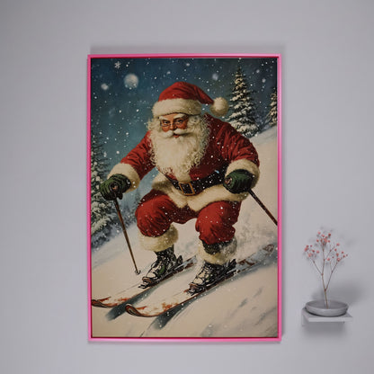 Santa Skiing Canvas Wall Art - Retro Holiday Print in pink floating frame