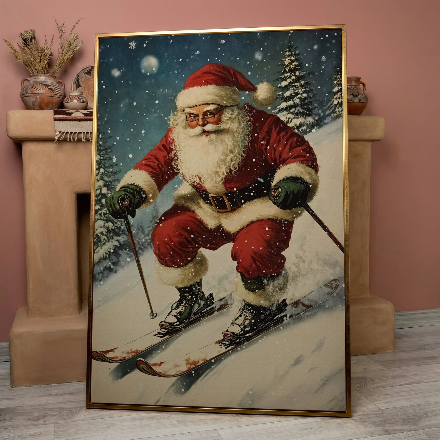 Santa Skiing Canvas Wall Art - Retro Holiday Print in rose gold floating frame