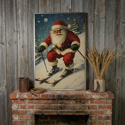 Santa Skiing Canvas Wall Art - Retro Holiday Print in silver floating frame