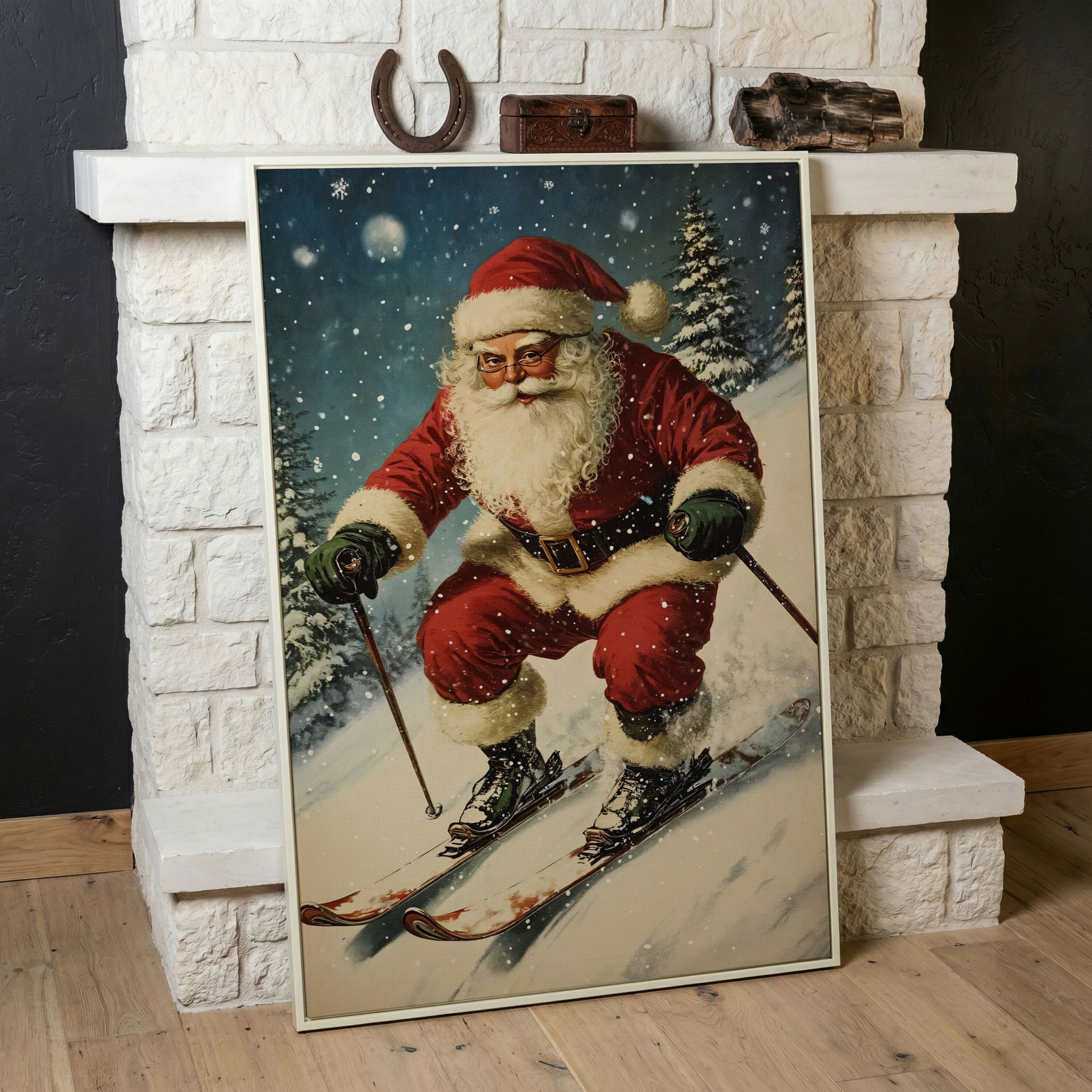 Santa Skiing Canvas Wall Art - Retro Holiday Print in white floating frame
