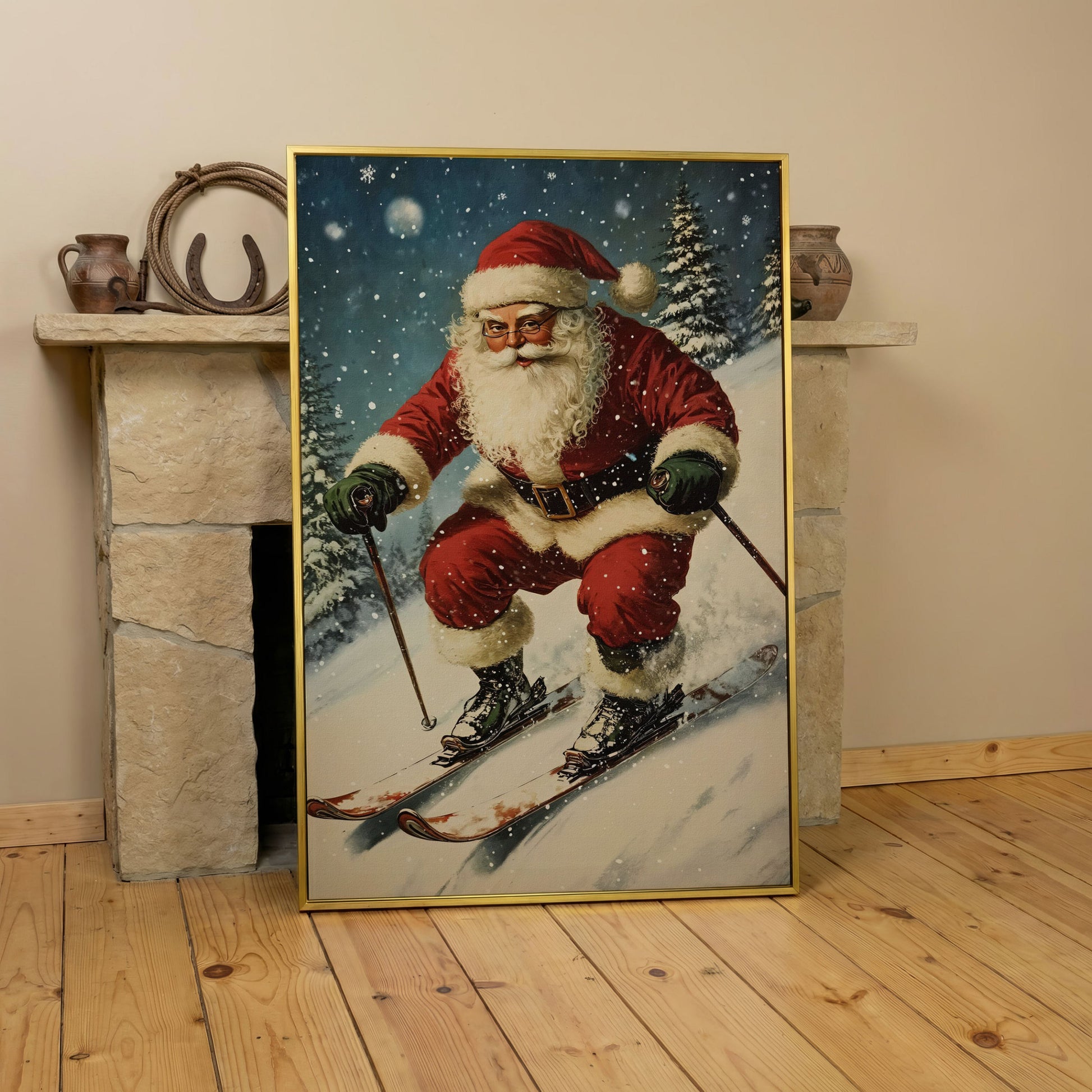 Santa Skiing Canvas Wall Art - Retro Holiday Print in yellow gold floating frame