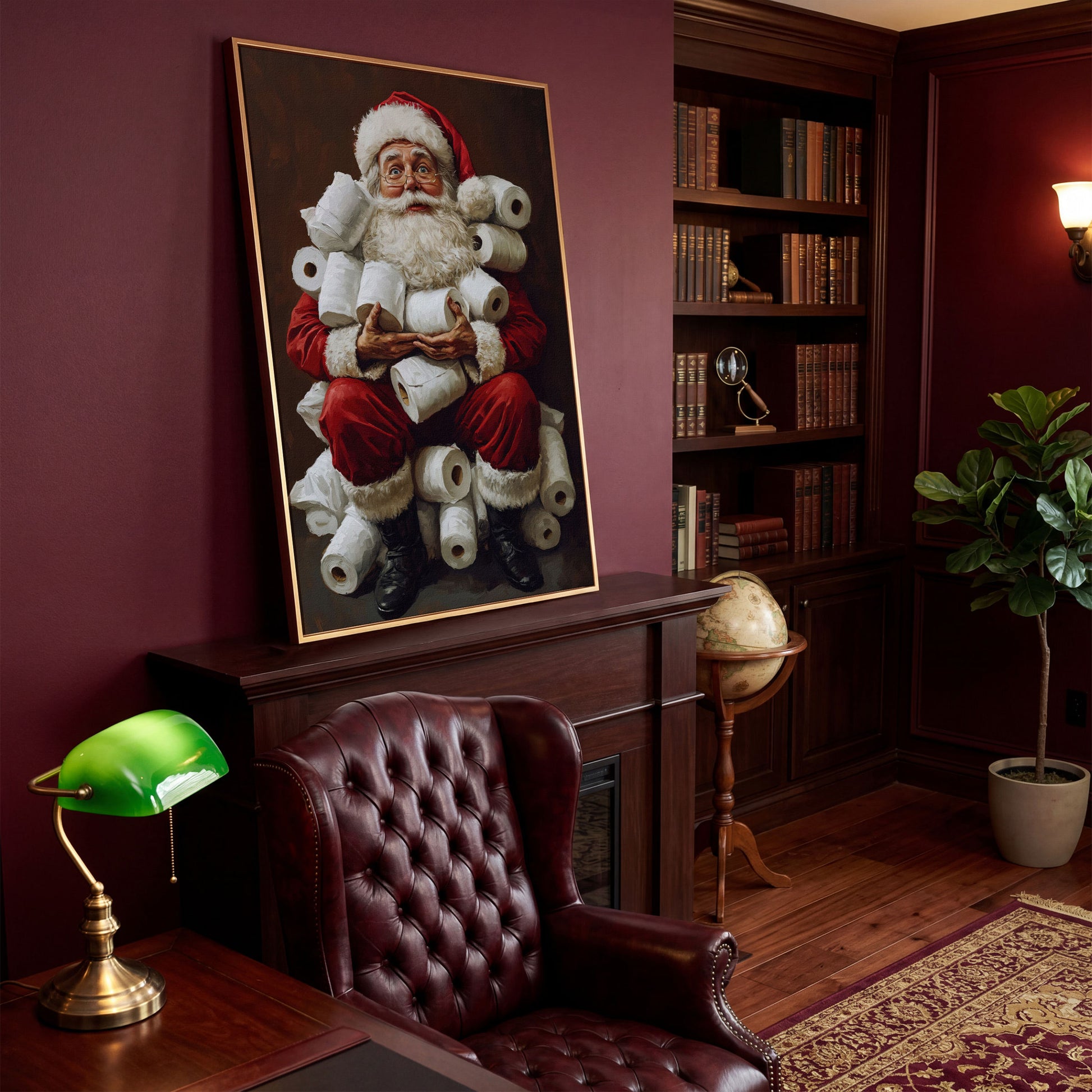 Santa with Toilet Paper Canvas Print in antique gold floating frame