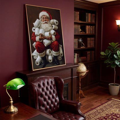 Santa with Toilet Paper Canvas Print in antique gold floating frame