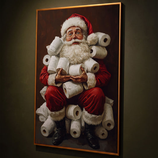 Santa with Toilet Paper Canvas Print shown in antique gold floating frame