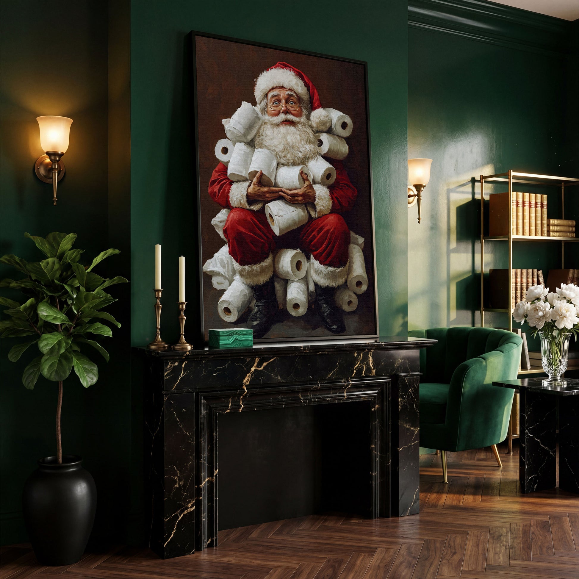 Santa with Toilet Paper Canvas Print in black floating frame