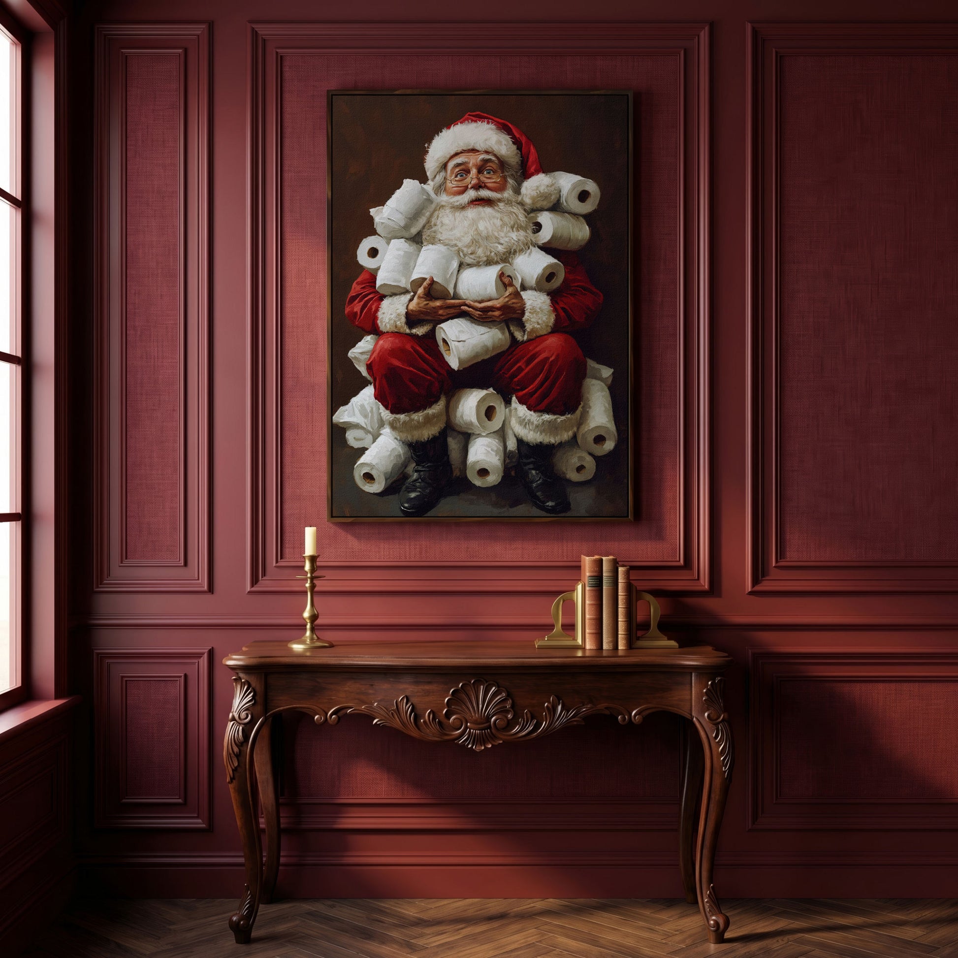 Santa with Toilet Paper Canvas Print in dark walnut floating frame
