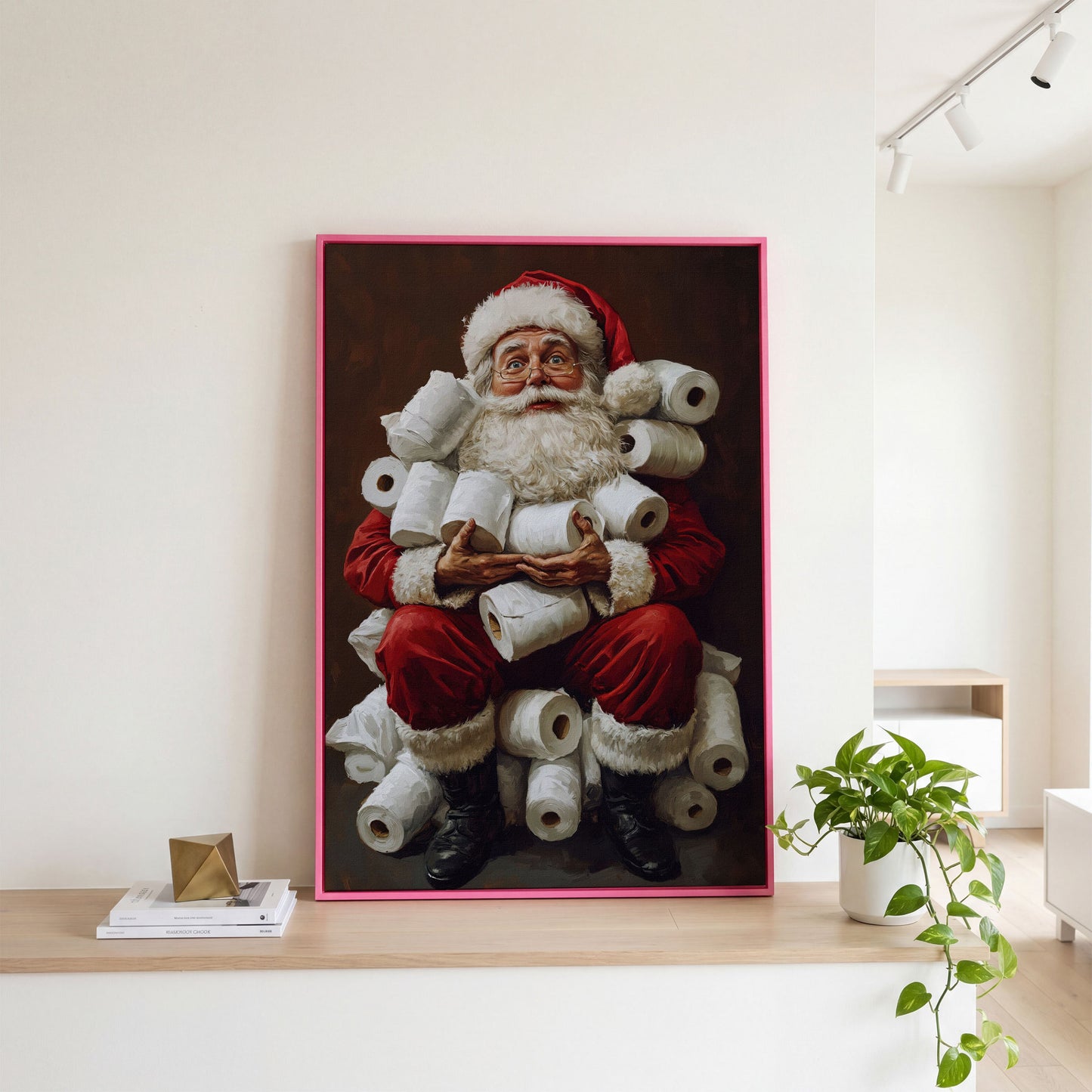 Santa with Toilet Paper Canvas Print in pink floating frame