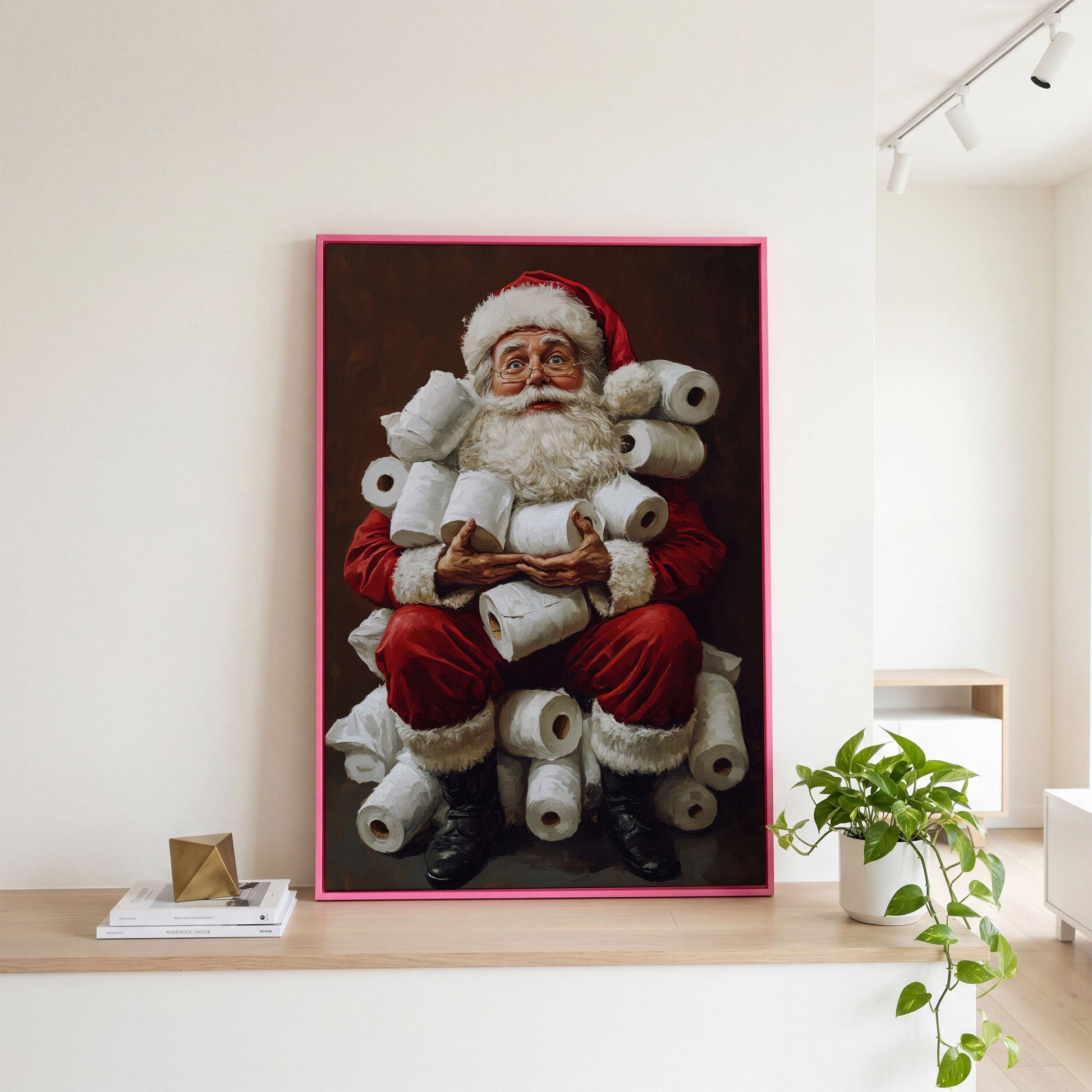 Santa with Toilet Paper Canvas Print in pink floating frame