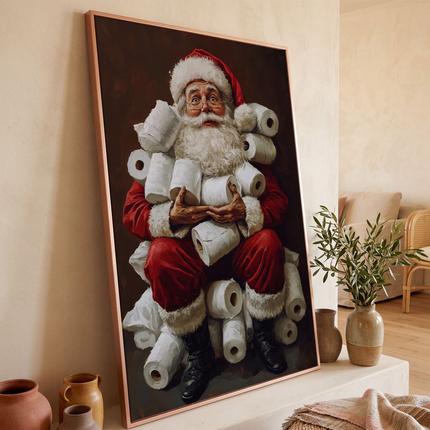 Santa with Toilet Paper Canvas Print in rose gold floating frame