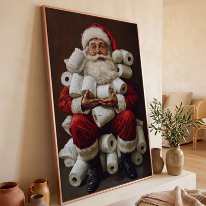 Santa with Toilet Paper Canvas Print in rose gold floating frame