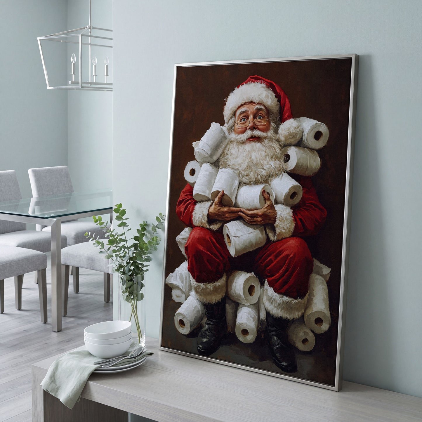 Santa with Toilet Paper Canvas Print in silver floating frame
