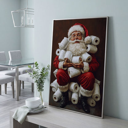 Santa with Toilet Paper Canvas Print in silver floating frame