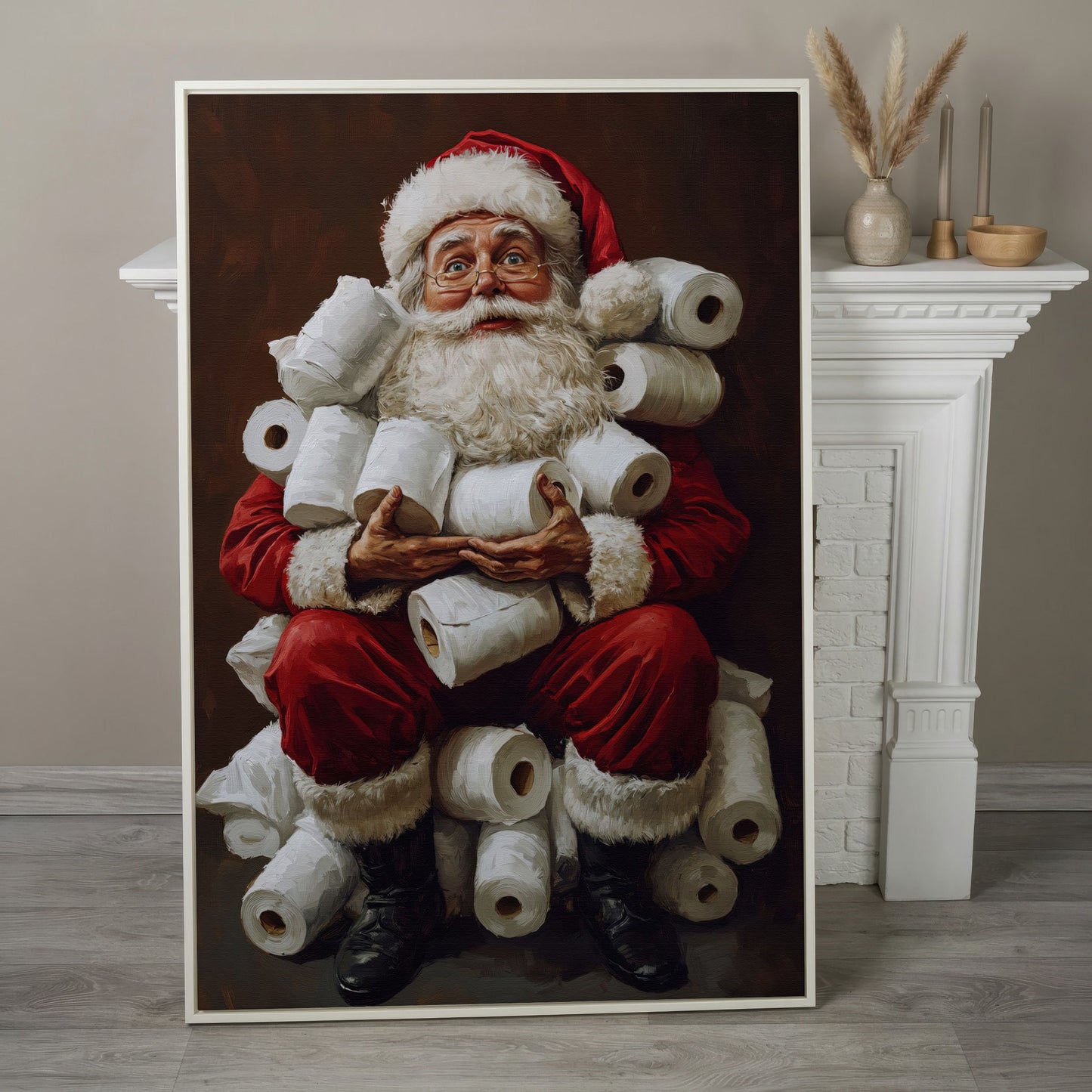 Santa with Toilet Paper Canvas Print in white floating frame