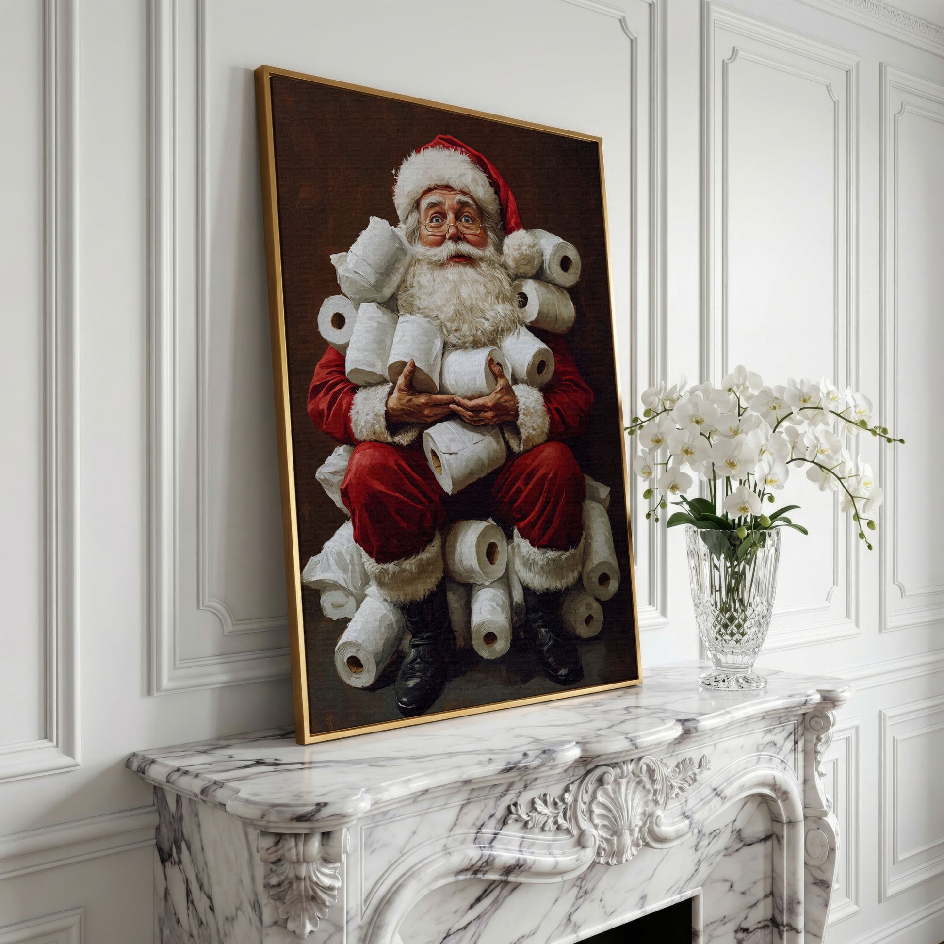Santa with Toilet Paper Canvas Print in yellow gold floating frame
