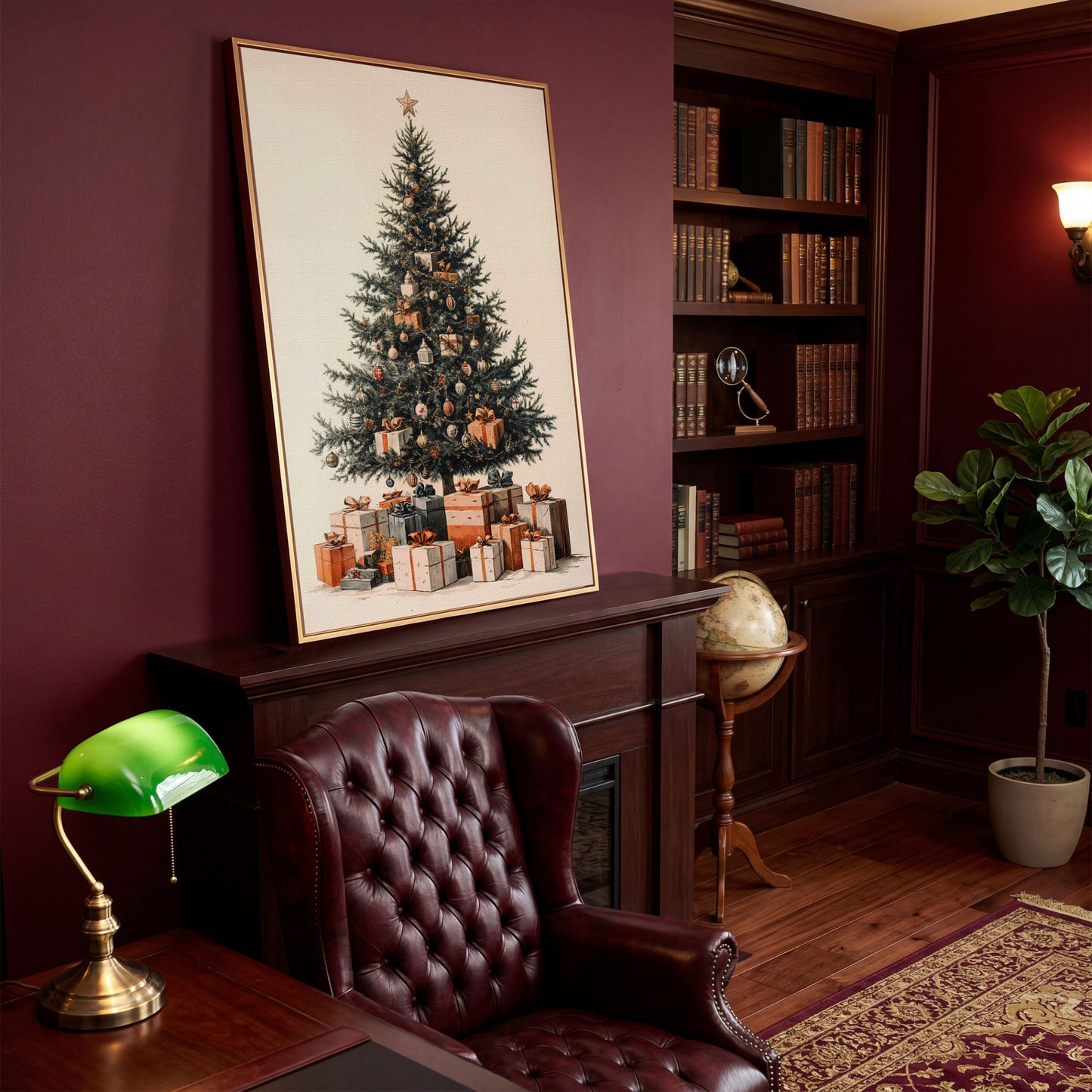 Festive Christmas Tree with Presents Canvas in antique gold floating frame