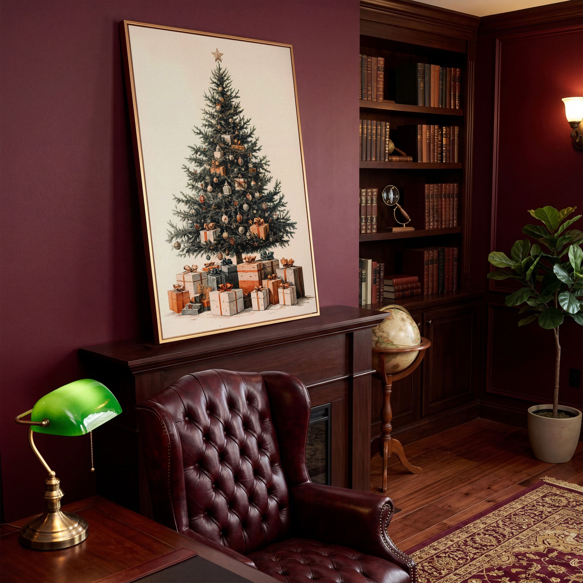 Festive Christmas Tree with Presents Canvas in antique gold floating frame