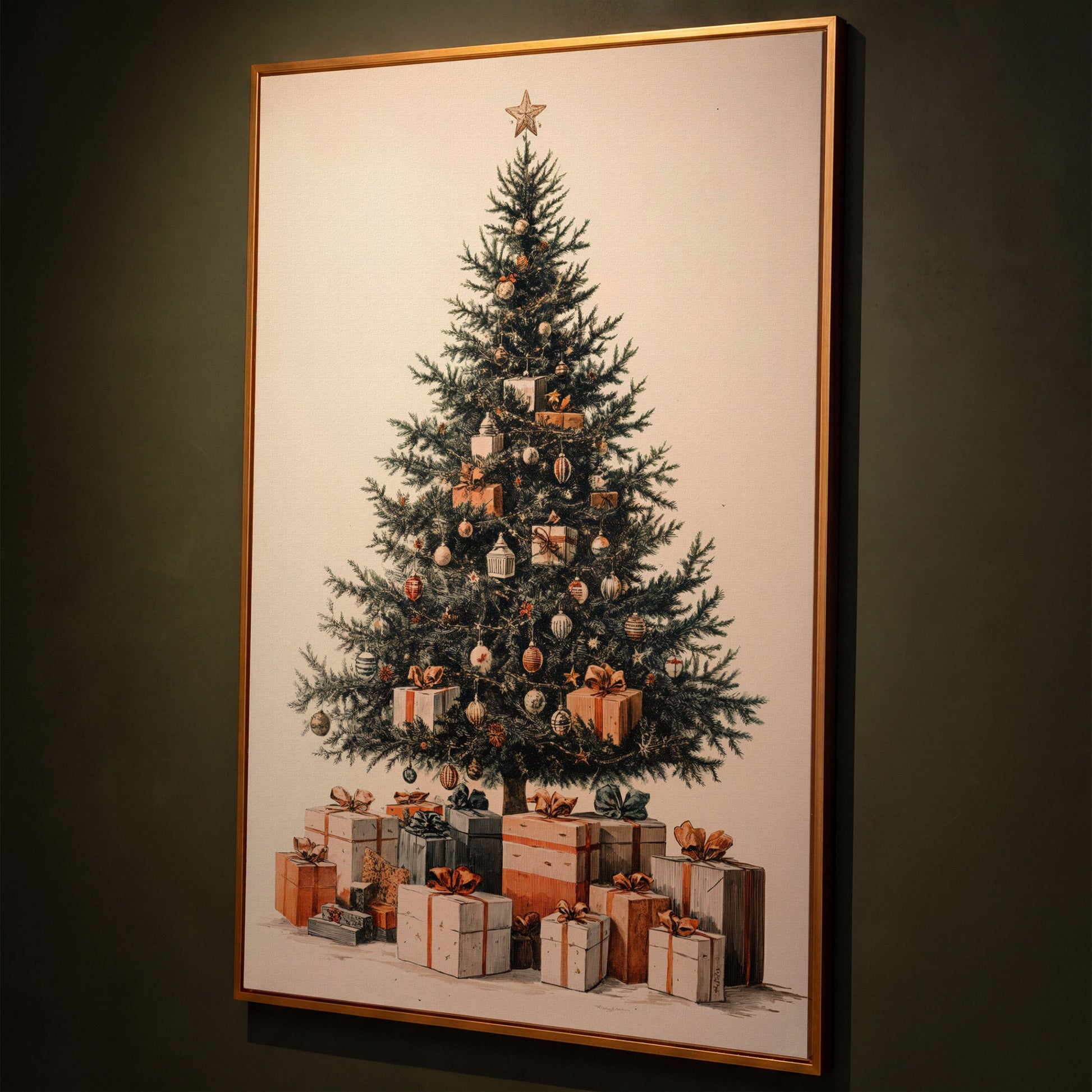Festive Christmas Tree with Presents Canvas shown in antique gold floating frame