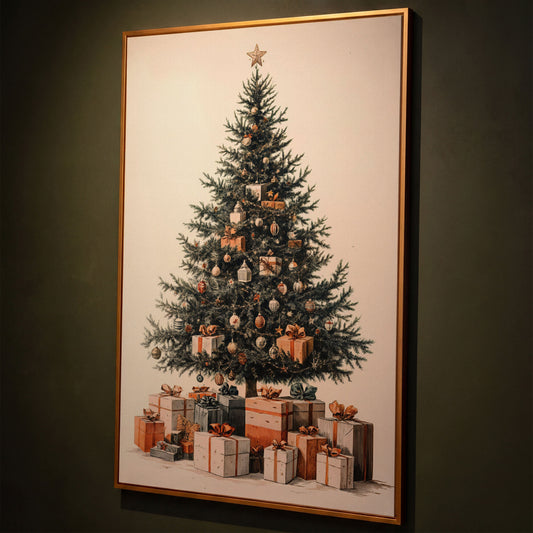 Festive Christmas Tree with Presents Canvas shown in antique gold floating frame