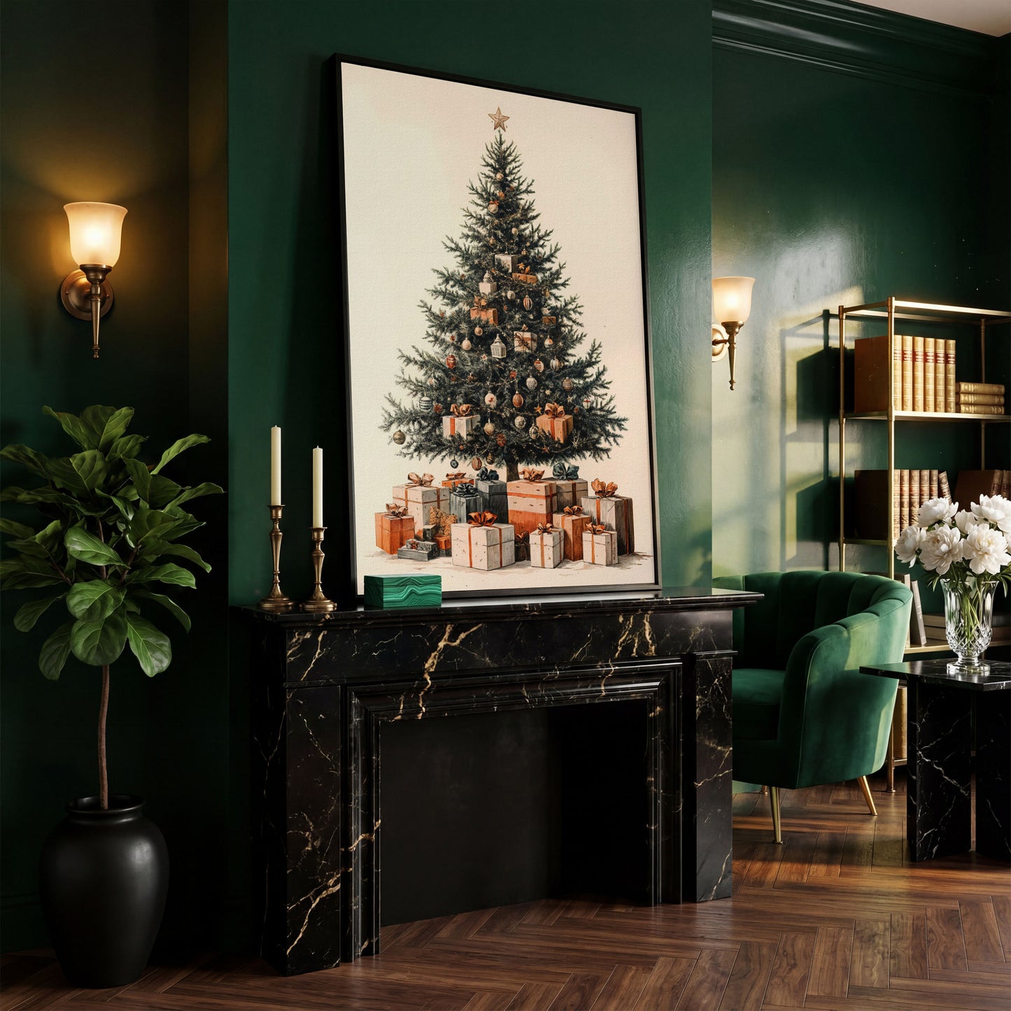 Festive Christmas Tree with Presents Canvas in black floating frame
