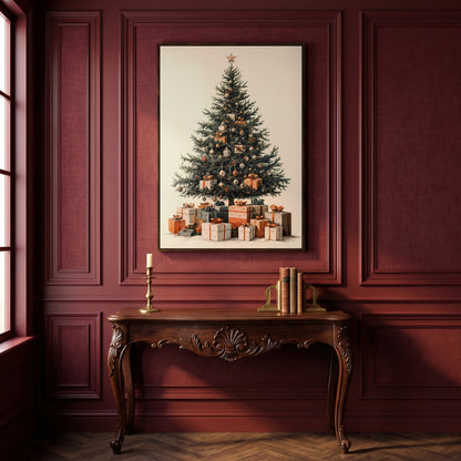 Festive Christmas Tree with Presents Canvas in dark walnut floating frame