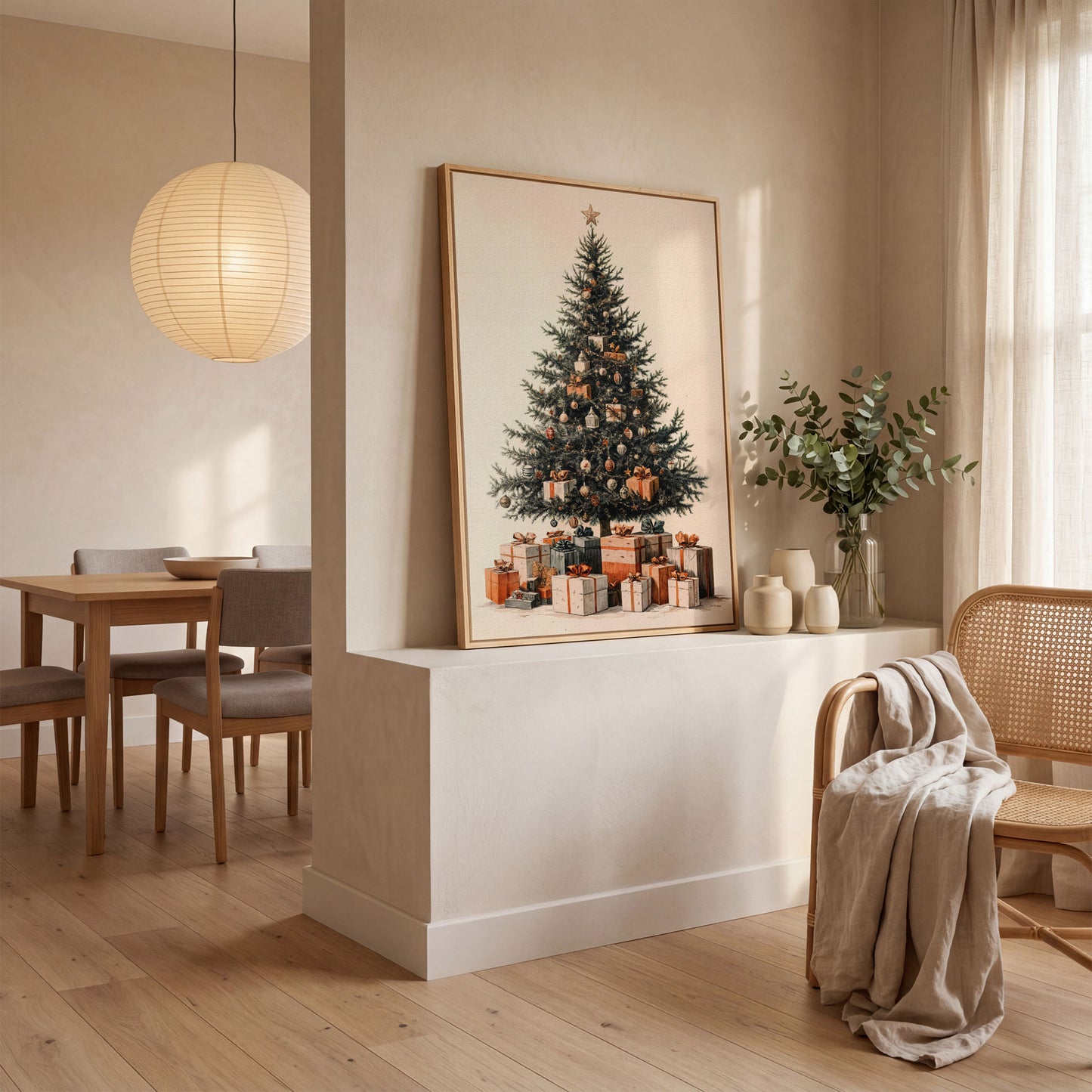 Festive Christmas Tree with Presents Canvas in white oak floating frame