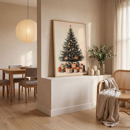 Festive Christmas Tree with Presents Canvas in white oak floating frame