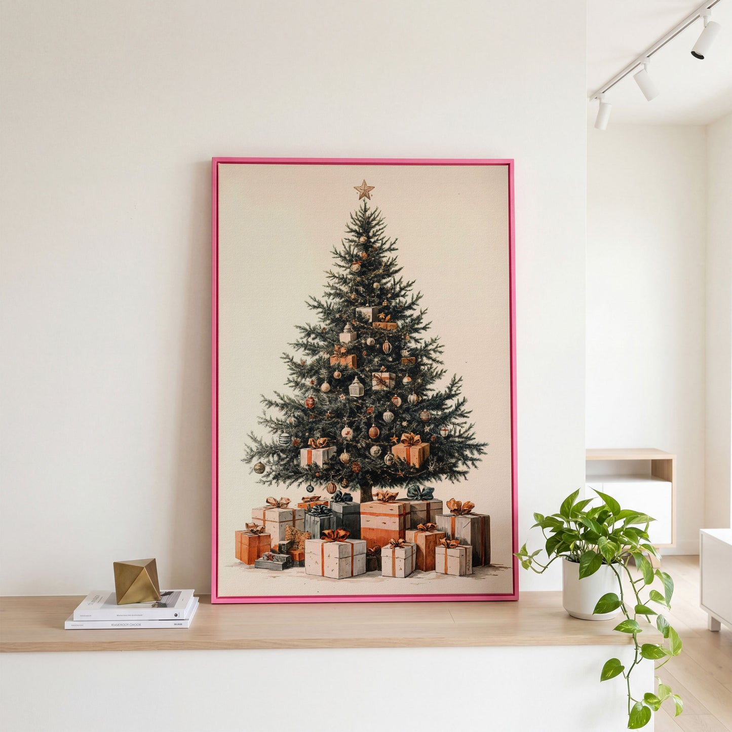 Festive Christmas Tree with Presents Canvas in pink floating frame