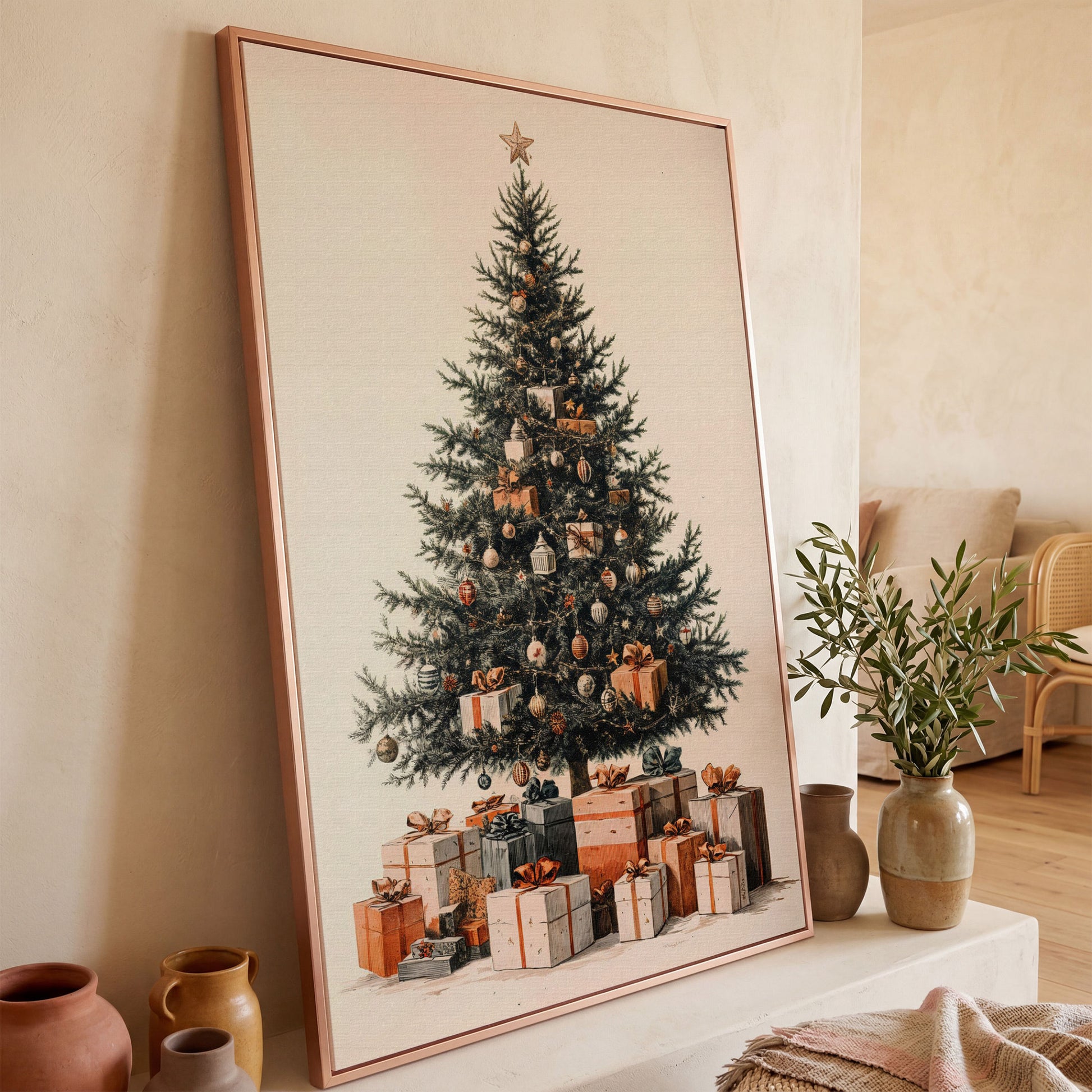 Festive Christmas Tree with Presents Canvas in rose gold floating frame