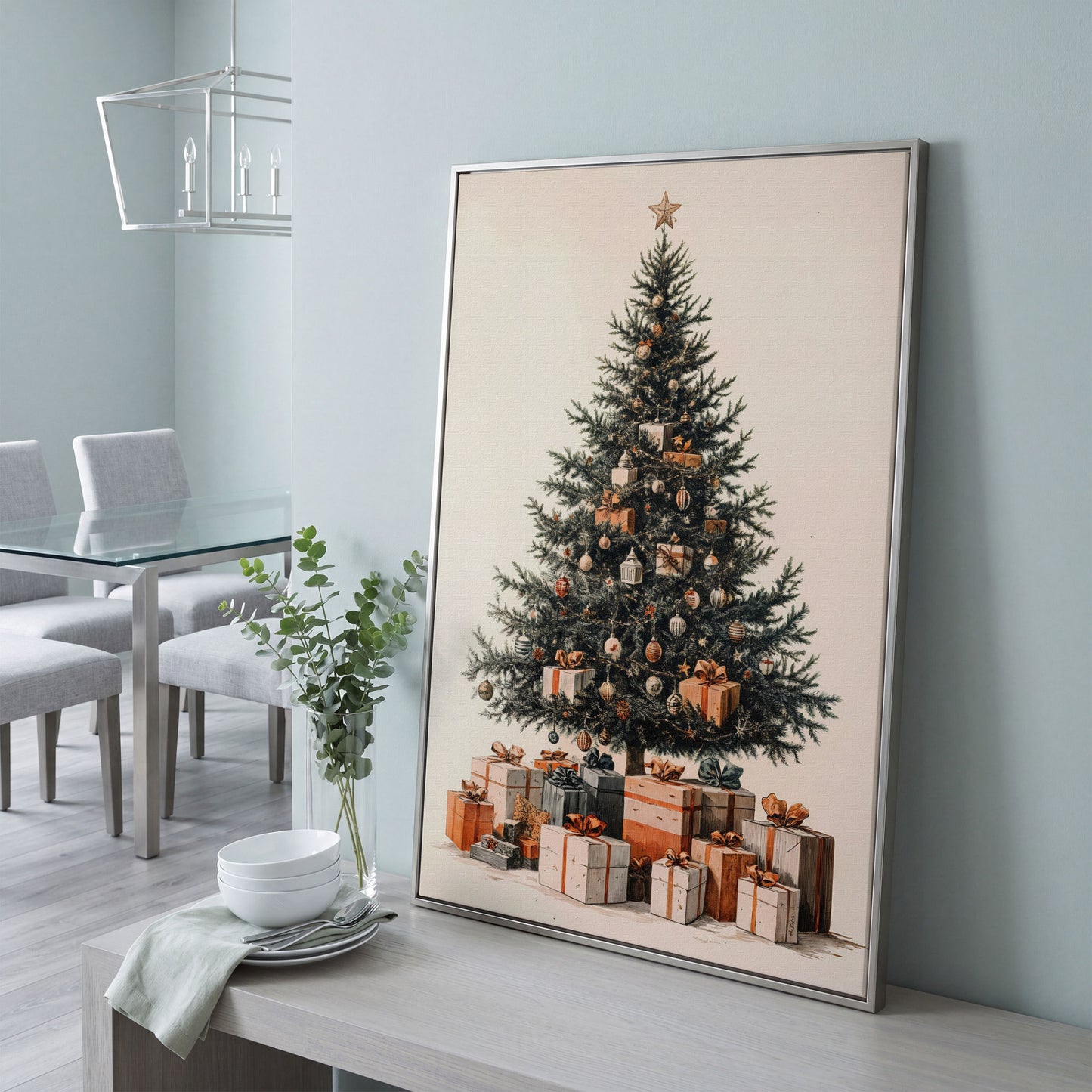 Festive Christmas Tree with Presents Canvas in silver floating frame