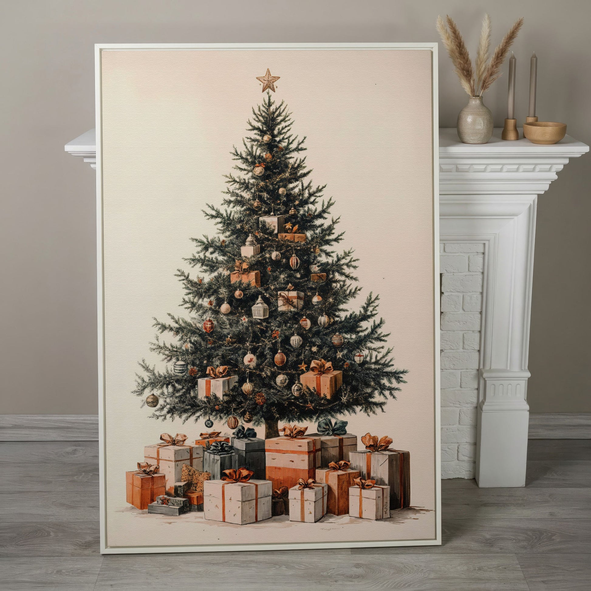 Festive Christmas Tree with Presents Canvas in white floating frame