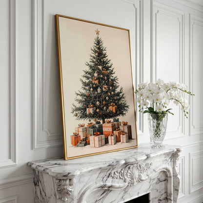 Festive Christmas Tree with Presents Canvas in yellow gold floating frame