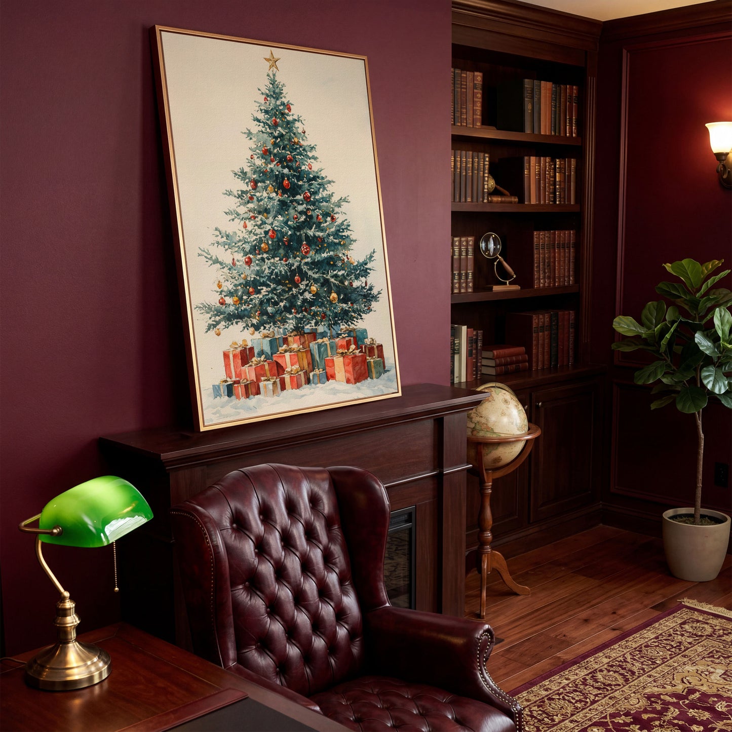 Festive Tree with Wrapped Presents Canvas Print in antique gold floating frame