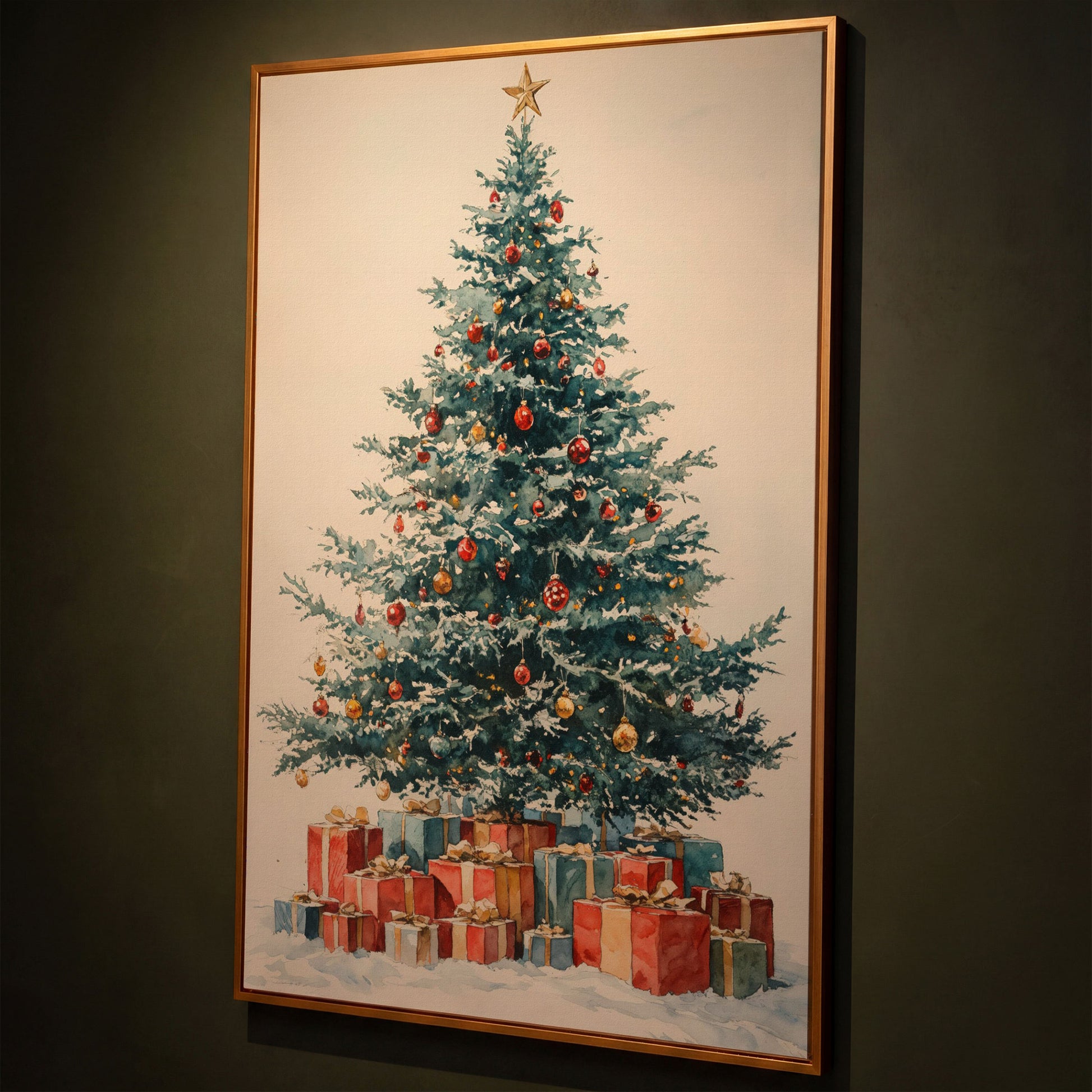 Festive Tree with Wrapped Presents Canvas Print shown in antique gold floating frame