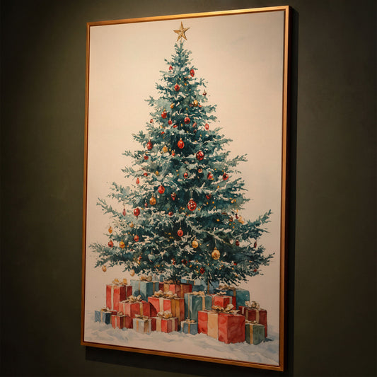 Festive Tree with Wrapped Presents Canvas Print shown in antique gold floating frame