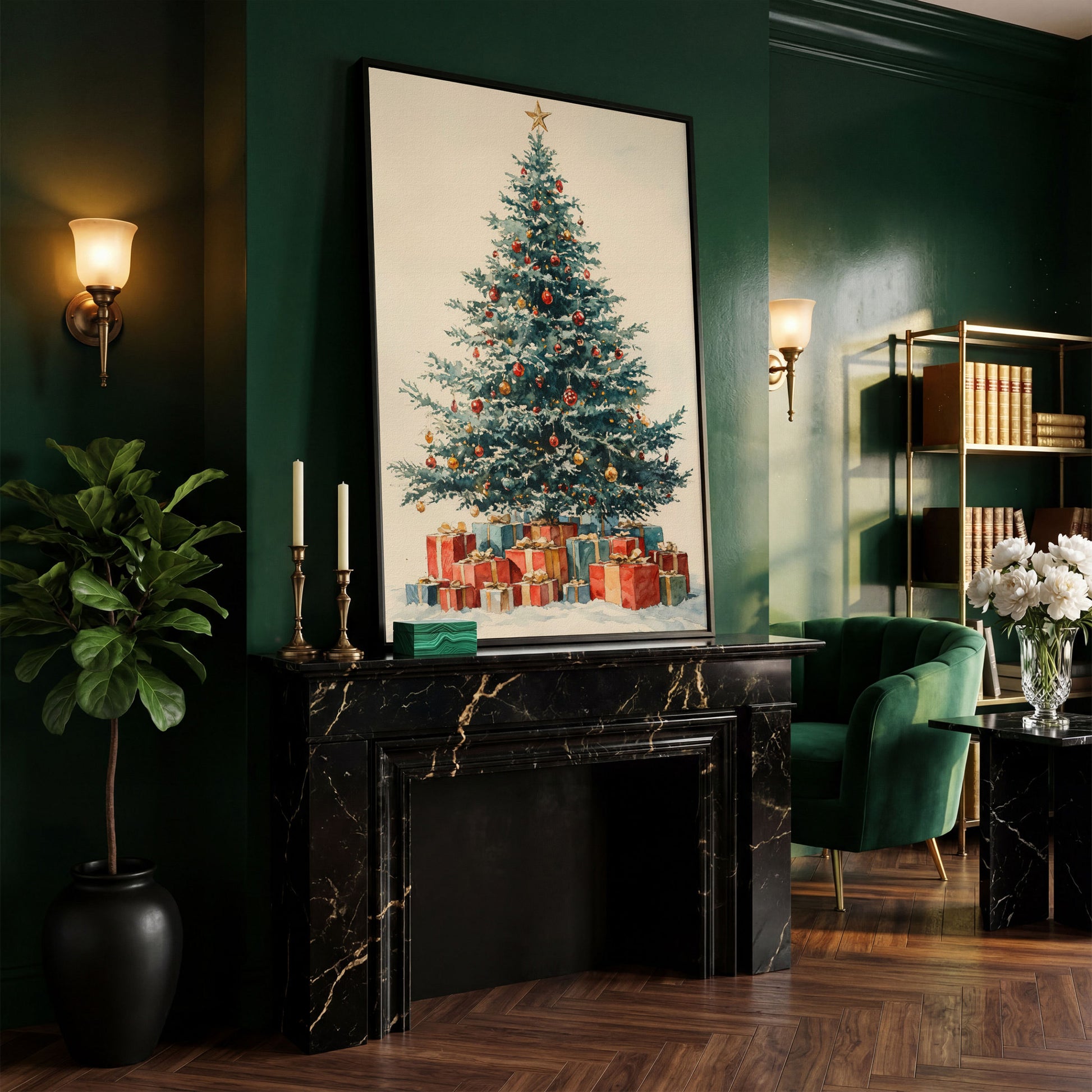 Festive Tree with Wrapped Presents Canvas Print in black floating frame