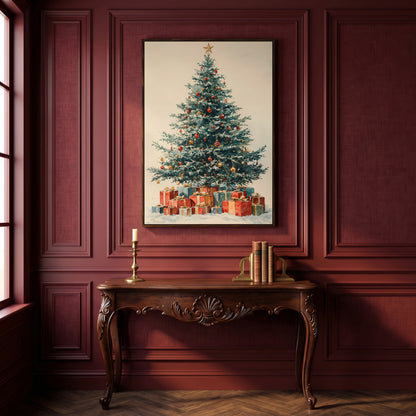 Festive Tree with Wrapped Presents Canvas Print in dark walnut floating frame
