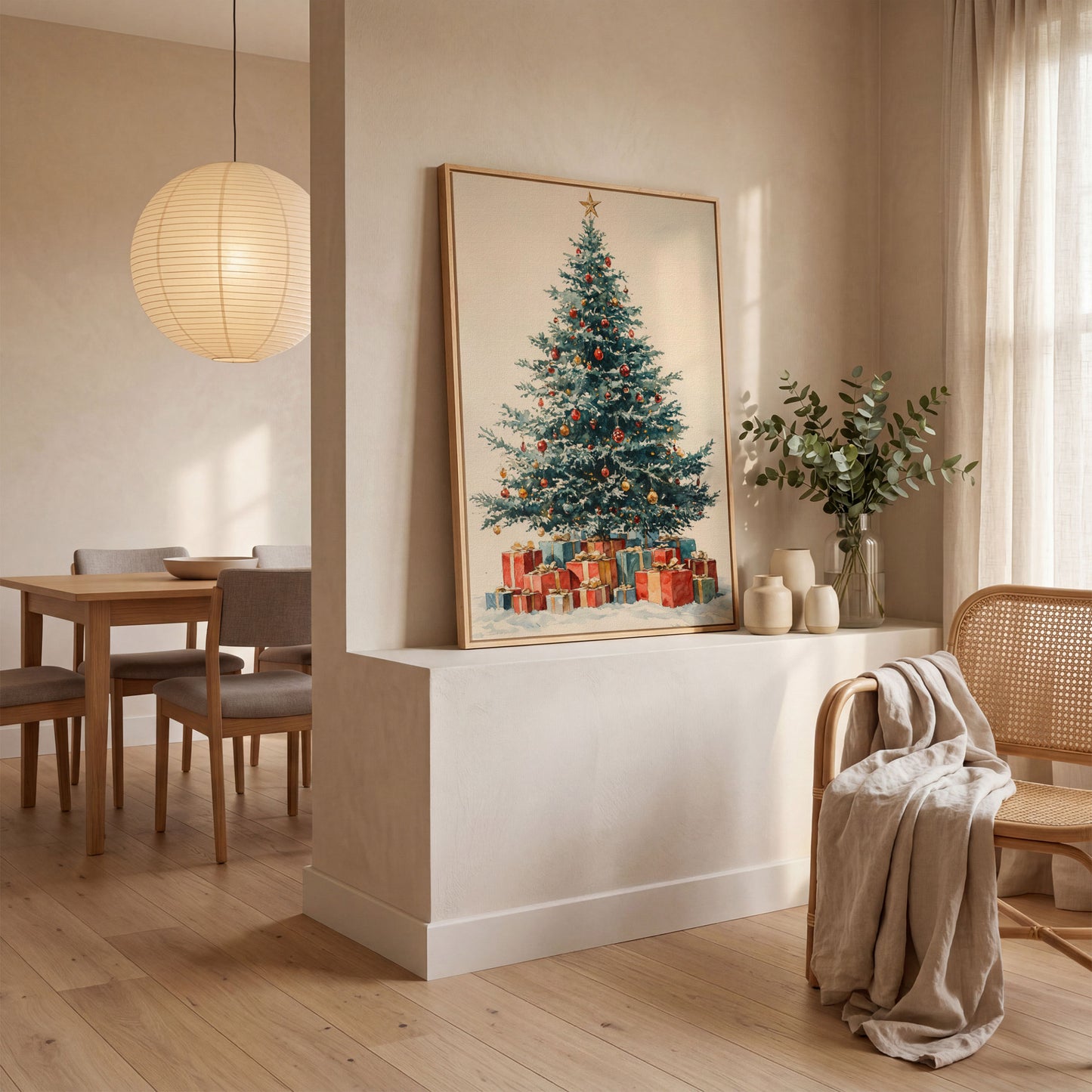 Festive Tree with Wrapped Presents Canvas Print in white oak floating frame