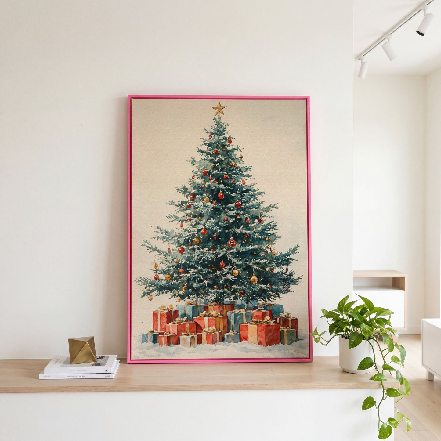 Festive Tree with Wrapped Presents Canvas Print in pink floating frame
