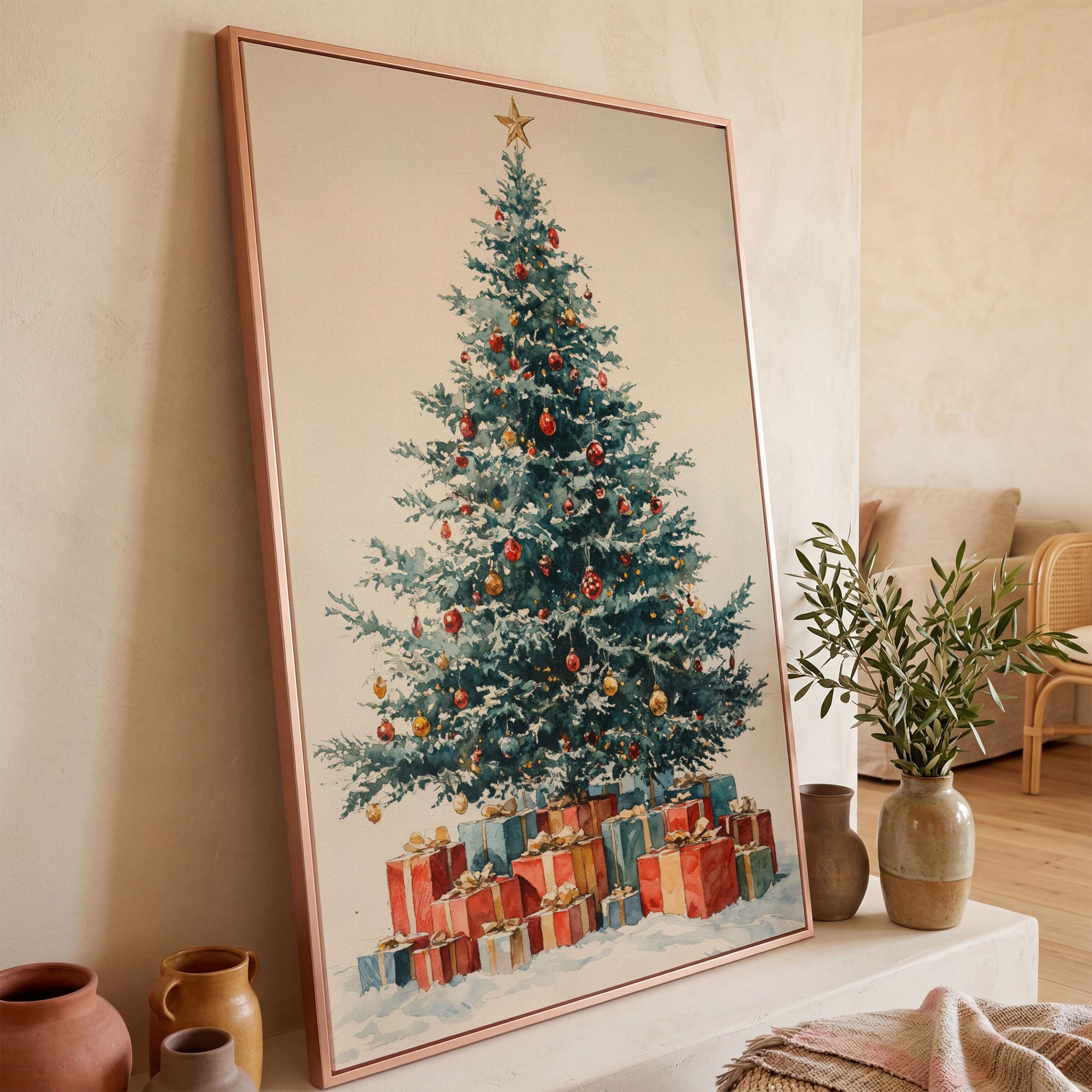 Festive Tree with Wrapped Presents Canvas Print in rose gold floating frame