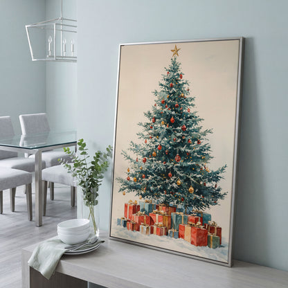 Festive Tree with Wrapped Presents Canvas Print in silver floating frame