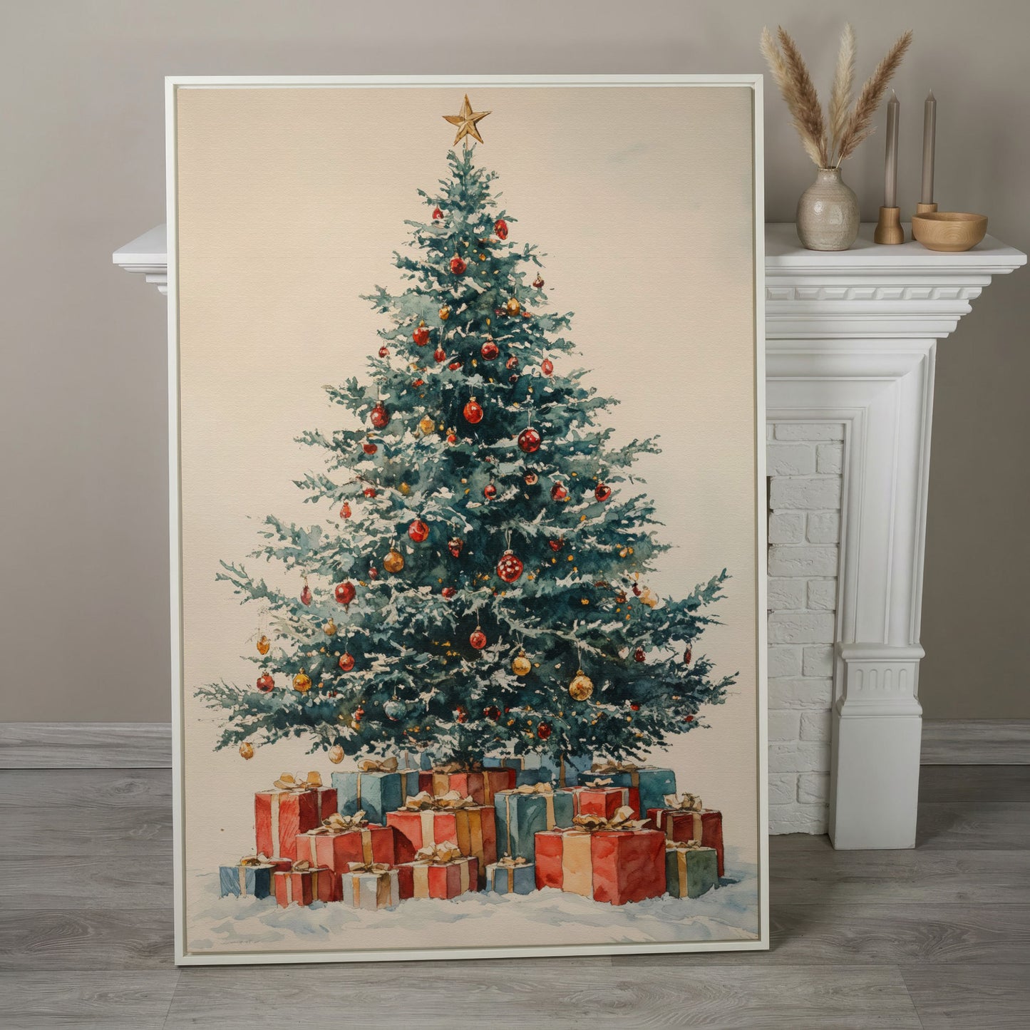 Festive Tree with Wrapped Presents Canvas Print in white floating frame