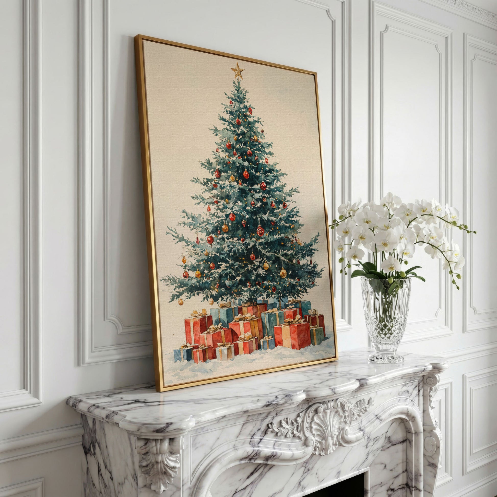 Festive Tree with Wrapped Presents Canvas Print in yellow gold floating frame