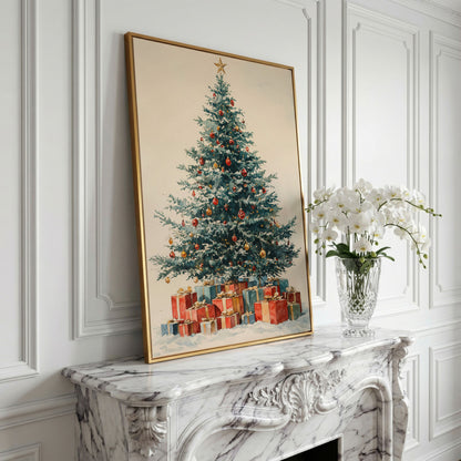 Festive Tree with Wrapped Presents Canvas Print in yellow gold floating frame