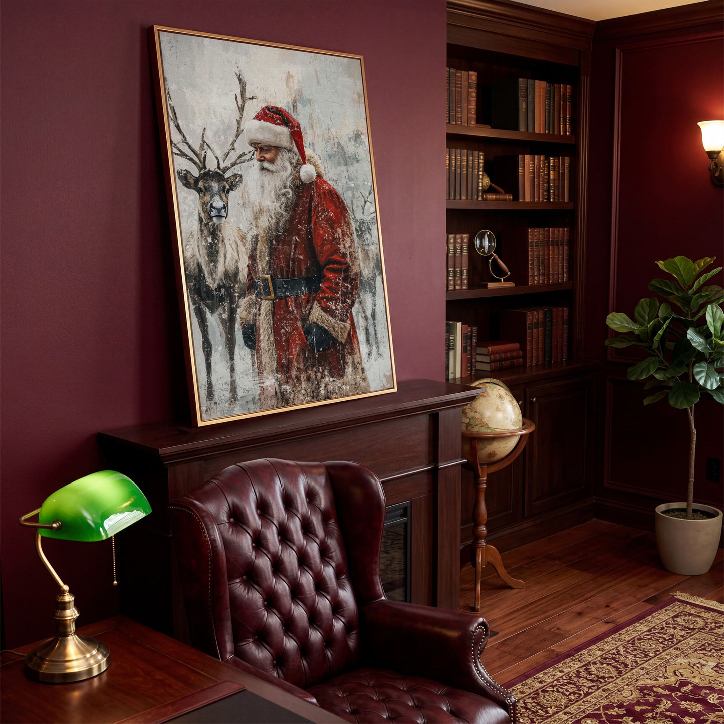 Santa with Reindeer Canvas Print in antique gold floating frame