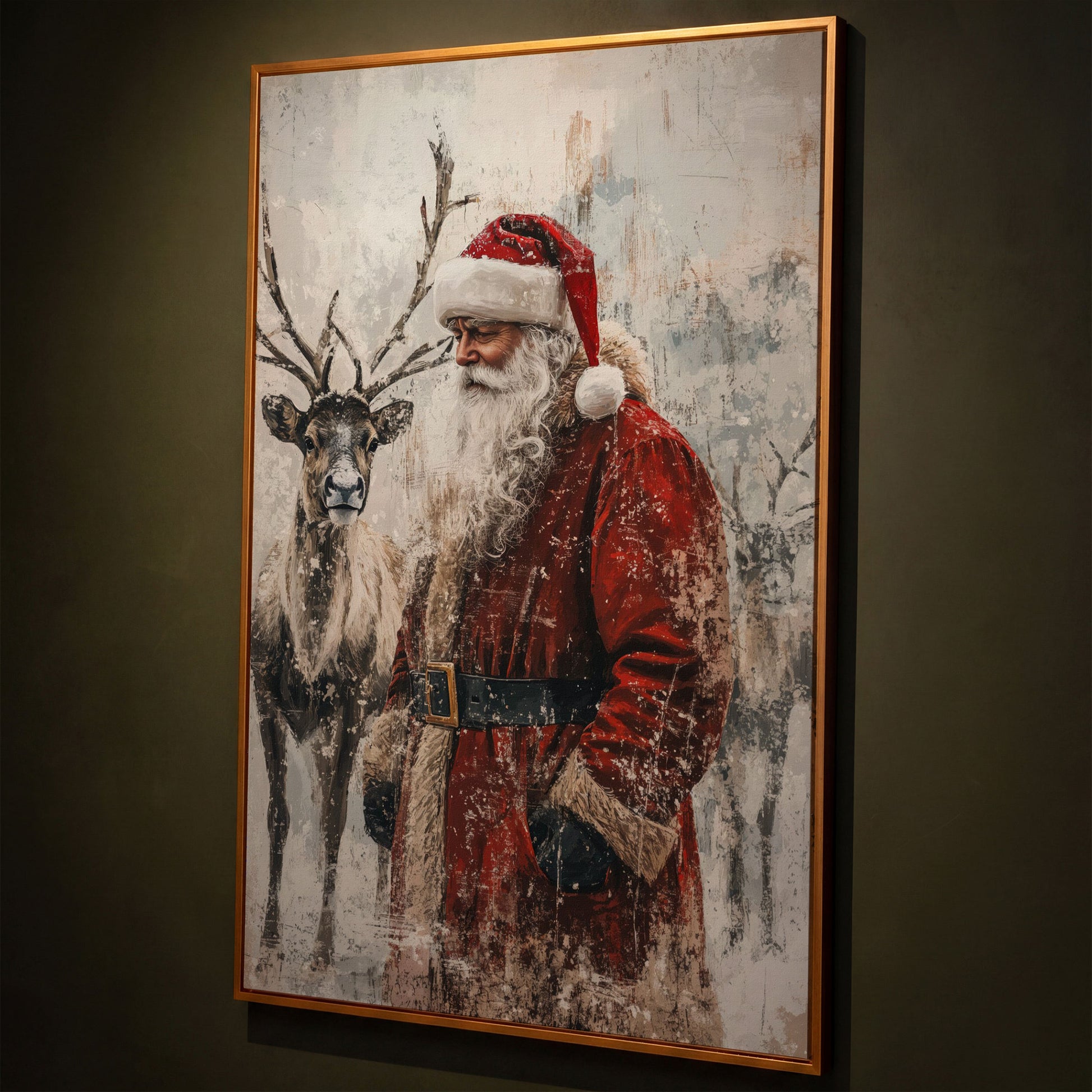 Santa with Reindeer Canvas Print shown in antique gold floating frame