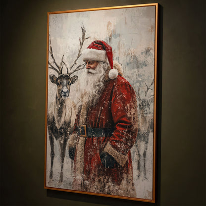 Santa with Reindeer Canvas Print shown in antique gold floating frame