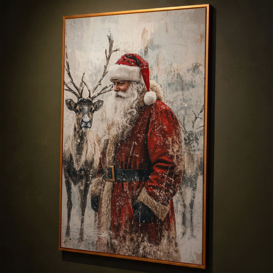 Santa with Reindeer Canvas Print shown in antique gold floating frame